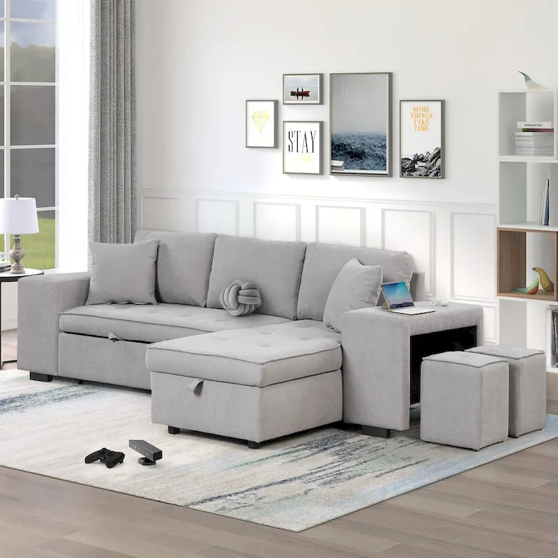 104 Modern L-Shape 3 Seat Reversible Sectional Couch, Pull Out Sleeper Sofa with Storage Chaise and 2 Stools