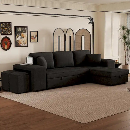 104 Modern L-Shape 3 Seat Reversible Sectional Couch, Pull Out Sleeper Sofa with Storage Chaise and 2 Stools