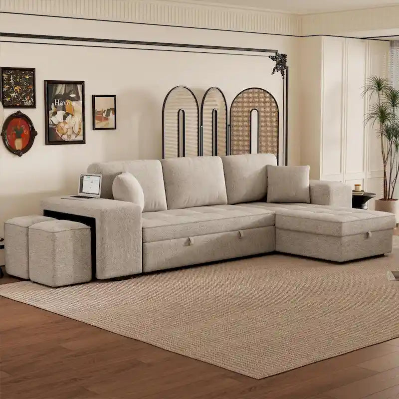 104 Modern L-Shape 3 Seat Reversible Sectional Couch, Pull Out Sleeper Sofa with Storage Chaise and 2 Stools