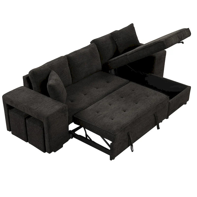 104 Modern L-Shape 3 Seat Reversible Sectional Couch, Pull Out Sleeper Sofa with Storage Chaise and 2 Stools