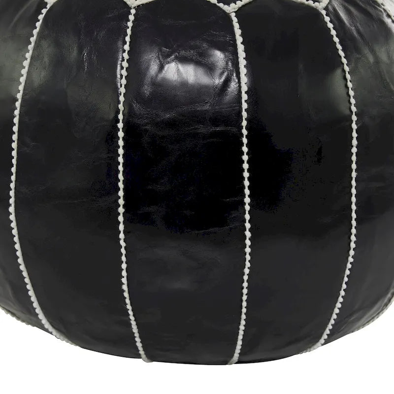 Leather Floral Moroccan Pouf with White Stitching - Black or Light Brown - Roche River Decor