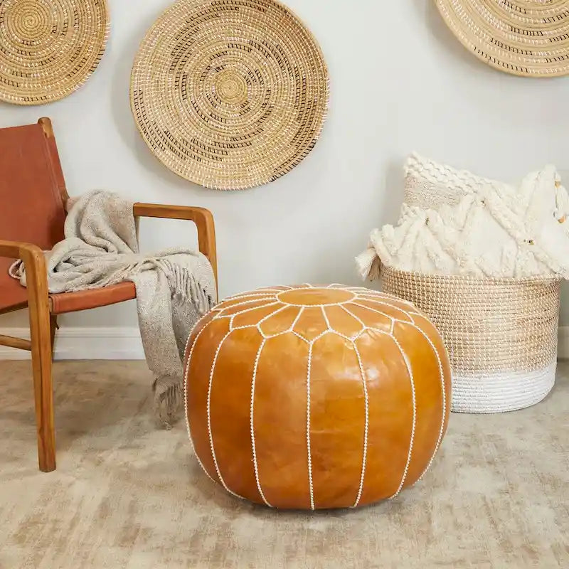 Leather Floral Moroccan Pouf with White Stitching - Black or Light Brown - Roche River Decor