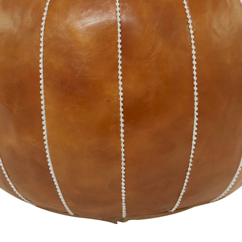 Leather Floral Moroccan Pouf with White Stitching - Black or Light Brown - Roche River Decor