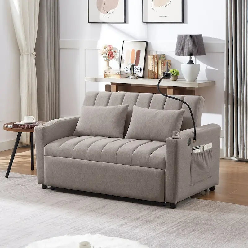 Convertible Sofa Bed with USB Ports, Side Pockets and Swivel Holder