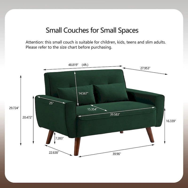 48.82 Small Tufted Loveseat Sofa 2 Set with Tapered Wood Legs