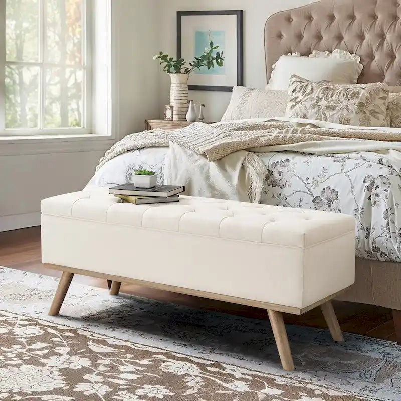 Mid-Century Modern Upholstered Storage Ottoman Button Tufted Fabric Storage Bench with Linen Seat