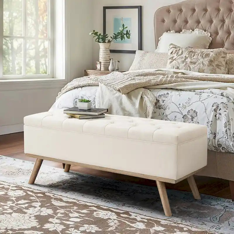  Mid-Century Modern Upholstered Storage Ottoman Button Tufted Fabric Storage Bench with Linen Seat