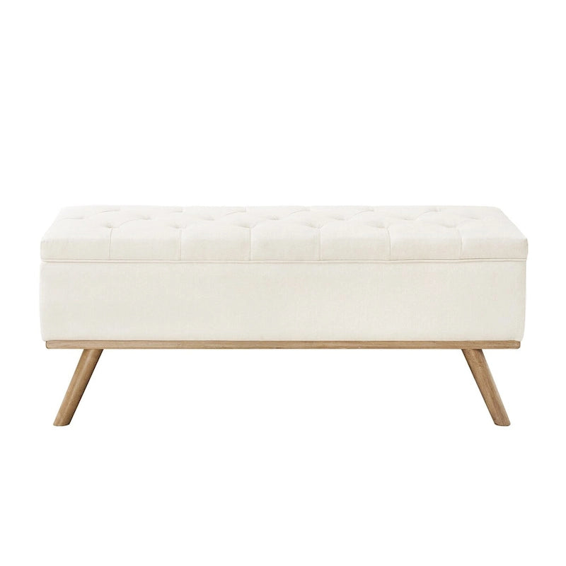 Mid-Century Modern Upholstered Storage Ottoman Button Tufted Fabric Storage Bench with Linen Seat