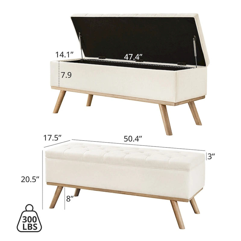 Mid-Century Modern Upholstered Storage Ottoman Button Tufted Fabric Storage Bench with Linen Seat