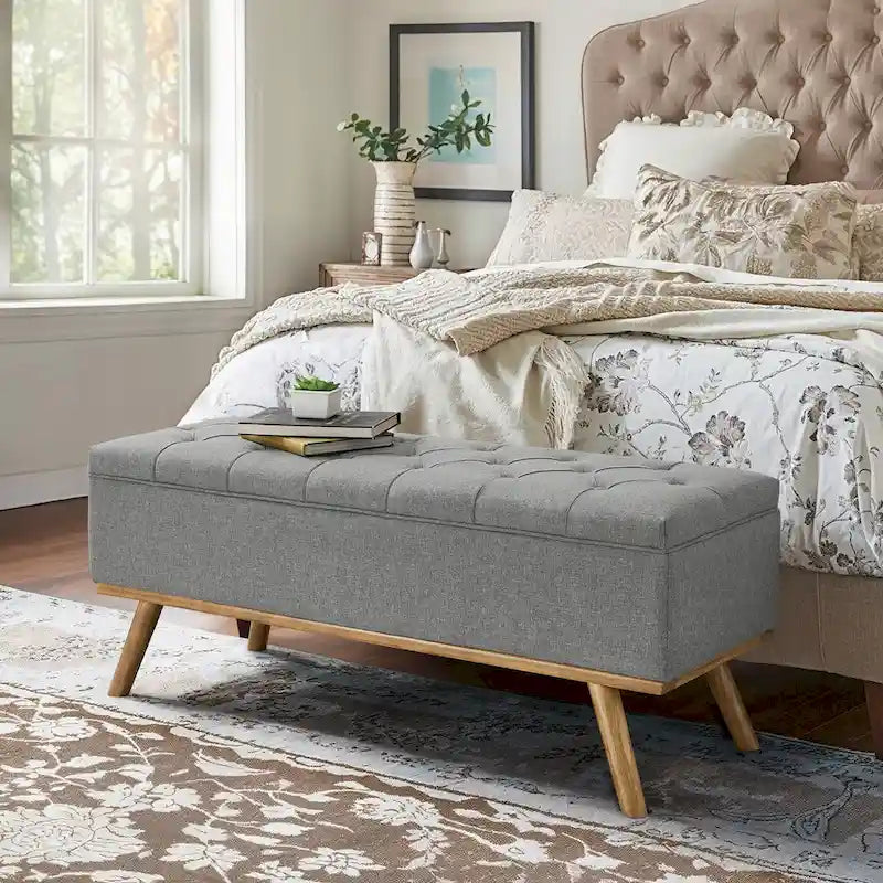 Mid-Century Modern Upholstered Storage Ottoman Button Tufted Fabric Storage Bench with Linen Seat