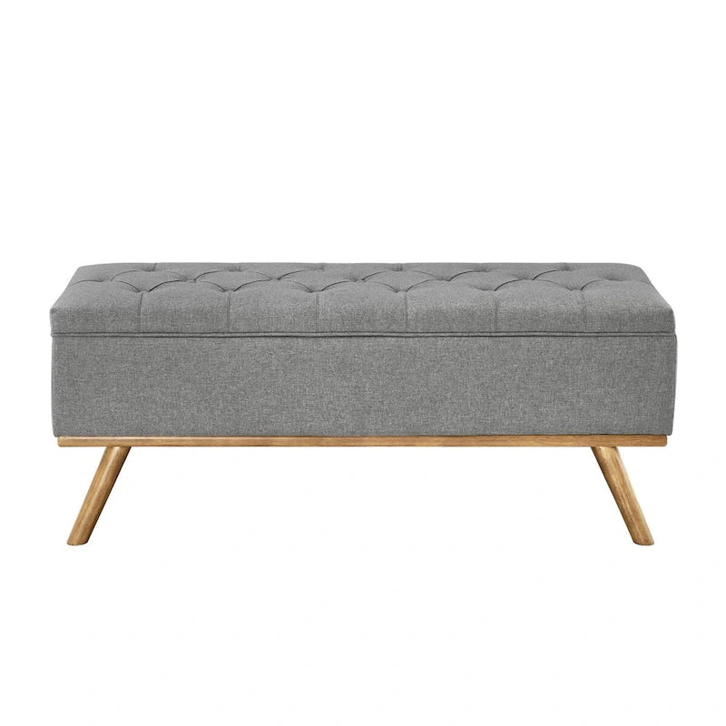 Mid-Century Modern Upholstered Storage Ottoman Button Tufted Fabric Storage Bench with Linen Seat
