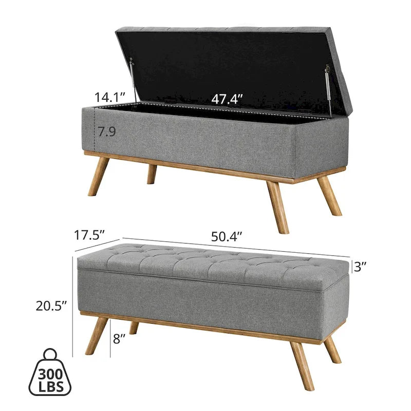 Mid-Century Modern Upholstered Storage Ottoman Button Tufted Fabric Storage Bench with Linen Seat