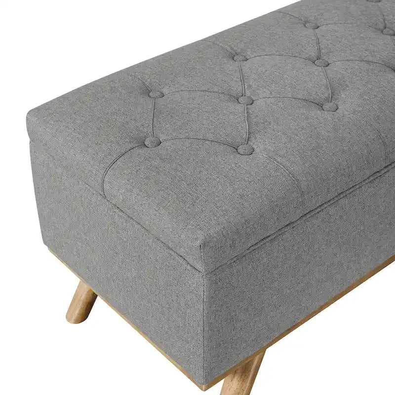 Mid-Century Modern Upholstered Storage Ottoman Button Tufted Fabric Storage Bench with Linen Seat