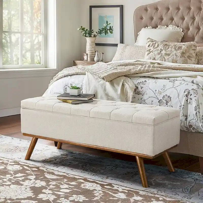 Mid-Century Modern Upholstered Storage Ottoman Button Tufted Fabric Storage Bench with Linen Seat