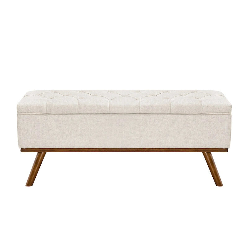 Mid-Century Modern Upholstered Storage Ottoman Button Tufted Fabric Storage Bench with Linen Seat