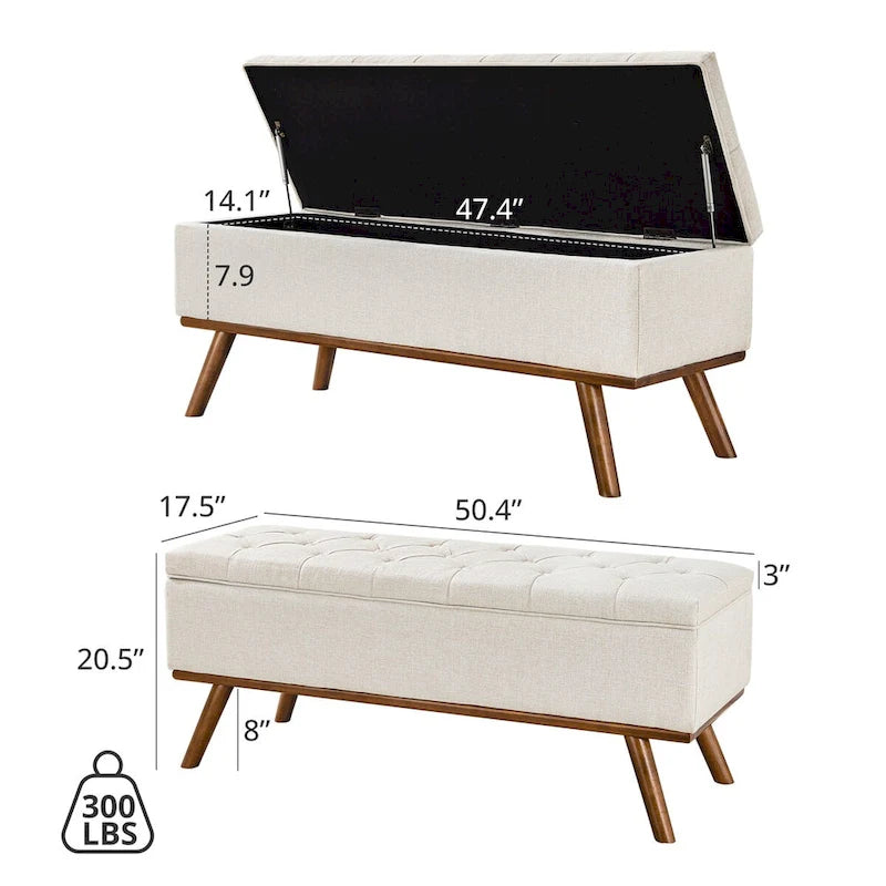 Mid-Century Modern Upholstered Storage Ottoman Button Tufted Fabric Storage Bench with Linen Seat