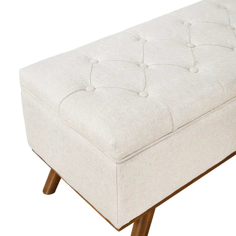 Mid-Century Modern Upholstered Storage Ottoman Button Tufted Fabric Storage Bench with Linen Seat