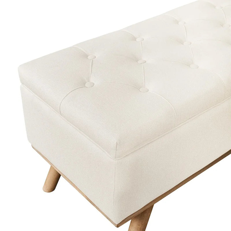 Mid-Century Modern Upholstered Storage Ottoman Button Tufted Fabric Storage Bench with Linen Seat