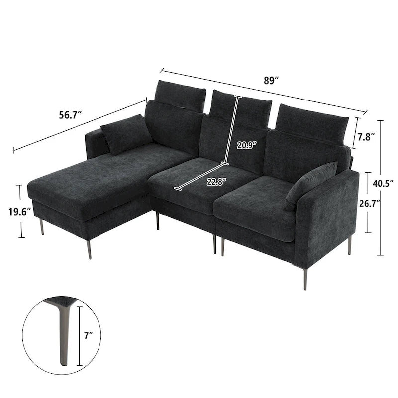 89 Chenille Sectional Sofa Couch With Extra Wide Chaise For Livingroom