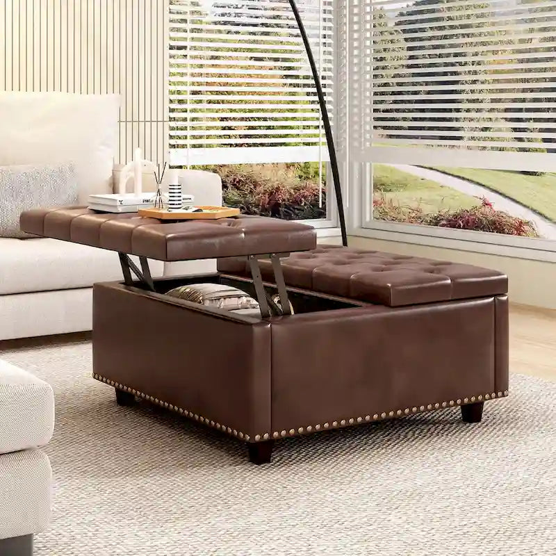 PU Leather Oversized Storage Square Chair with Storage,with Storage, Double Door Storage, Mid-Century Modern Coffee Table