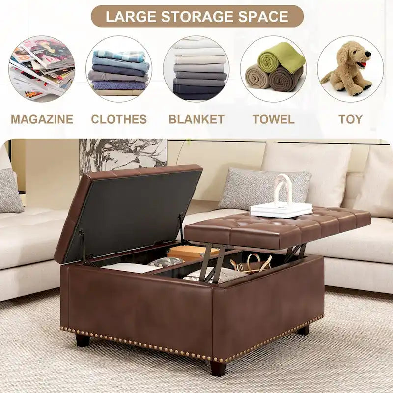 PU Leather Oversized Storage Square Chair with Storage,with Storage, Double Door Storage, Mid-Century Modern Coffee Table
