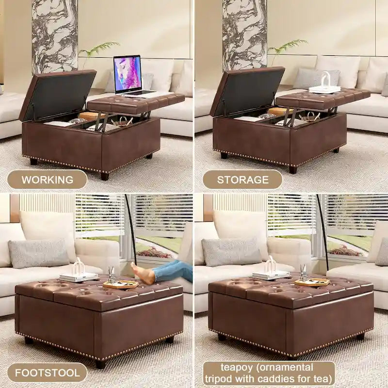 PU Leather Oversized Storage Square Chair with Storage,with Storage, Double Door Storage, Mid-Century Modern Coffee Table