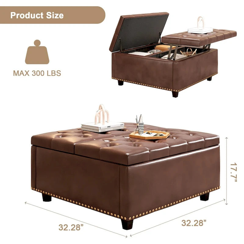PU Leather Oversized Storage Square Chair with Storage,with Storage, Double Door Storage, Mid-Century Modern Coffee Table
