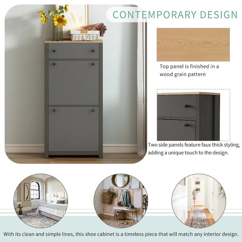 Entryway Organizer with 2 Drawers,Wood Grain Pattern Top Shoe Cabinet with Drawer, Free Standing Shoe Rack with Adjustable Panel