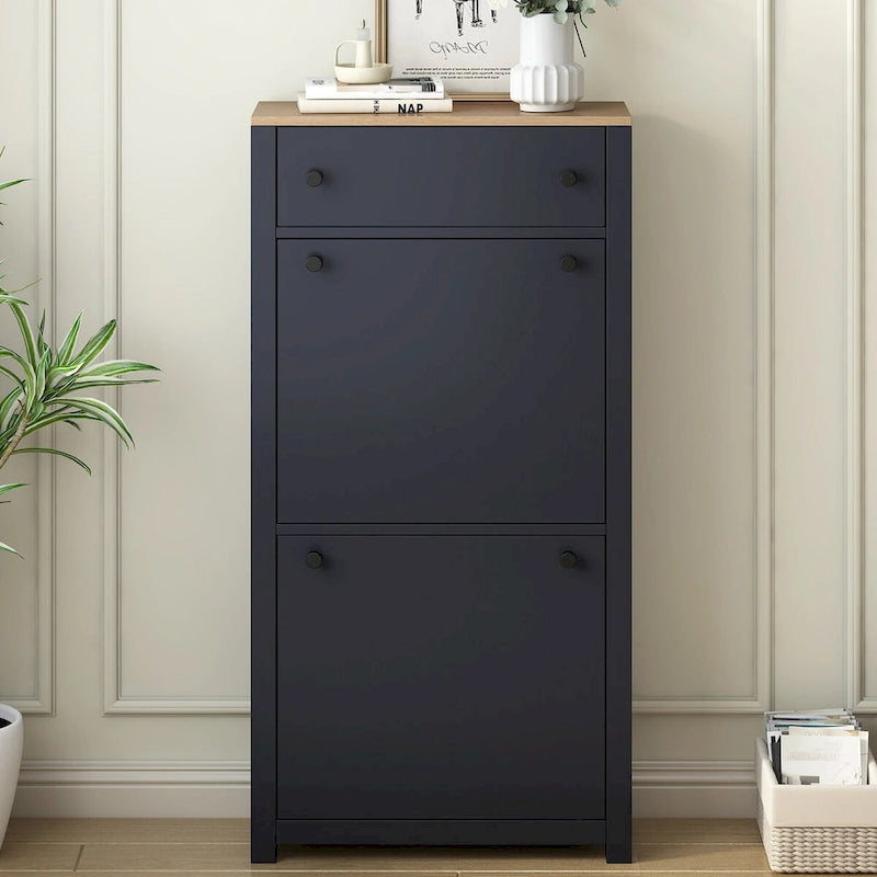 Entryway Organizer with 2 Drawers,Wood Grain Pattern Top Shoe Cabinet with Drawer, Free Standing Shoe Rack with Adjustable Panel