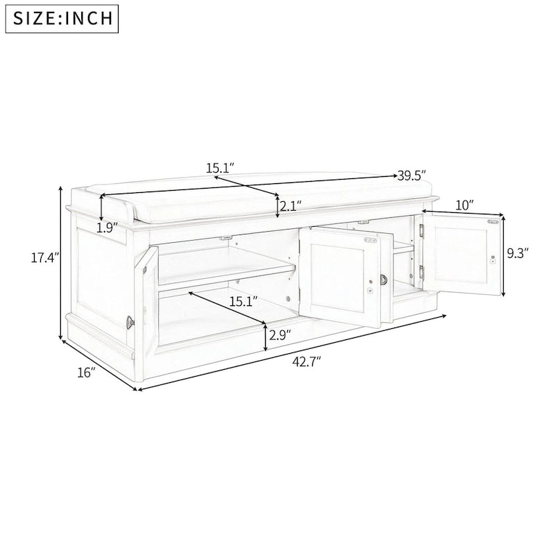 Storage Bench with 4 Doors and Adjustable Shelves, Shoe Bench with Removable Cushion