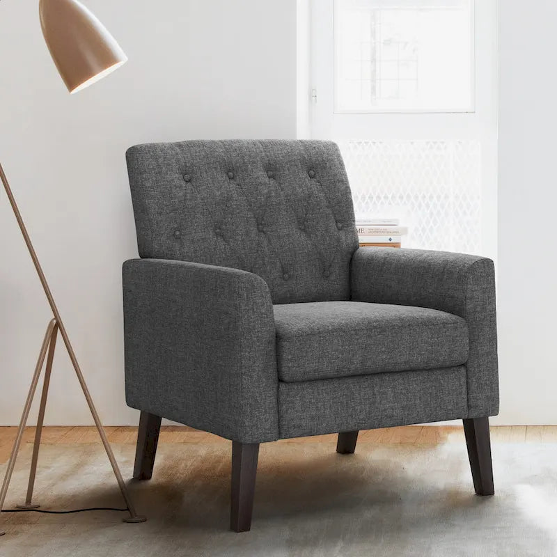 LUE BONA Linen Accent Chair Comfy Living Room Chair with Arms Upholstered Button Tufted Armchair Modern Arm Chairs