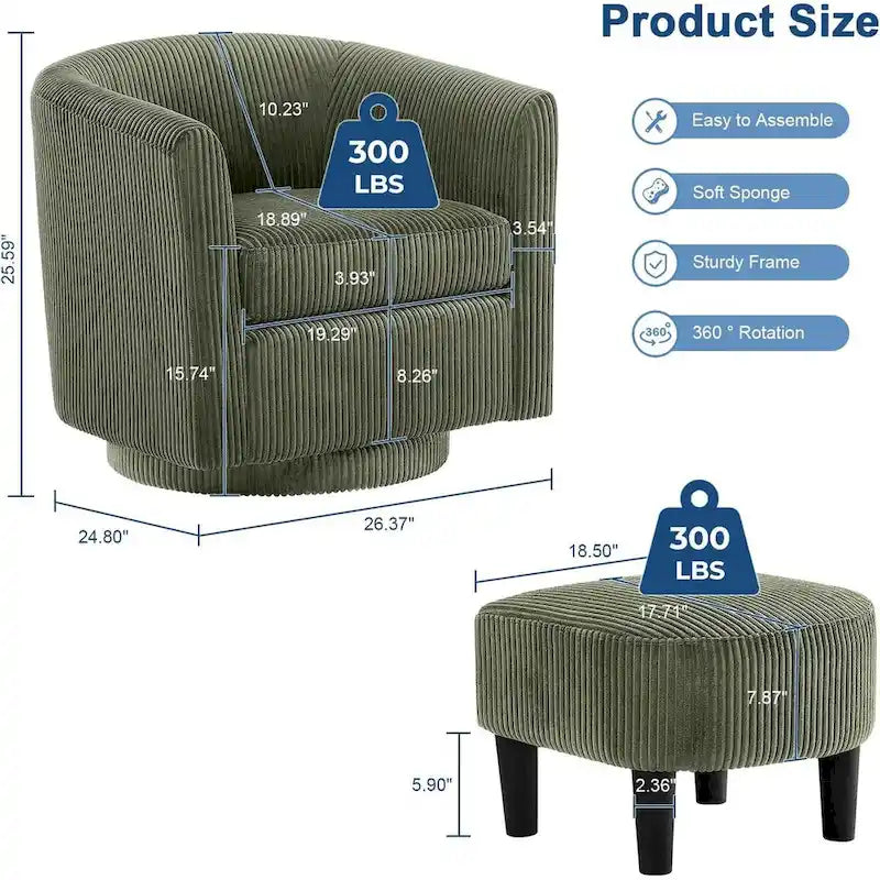 360 Swivel Accent Chair with Ottoman, Barrel Chair with Upholstered