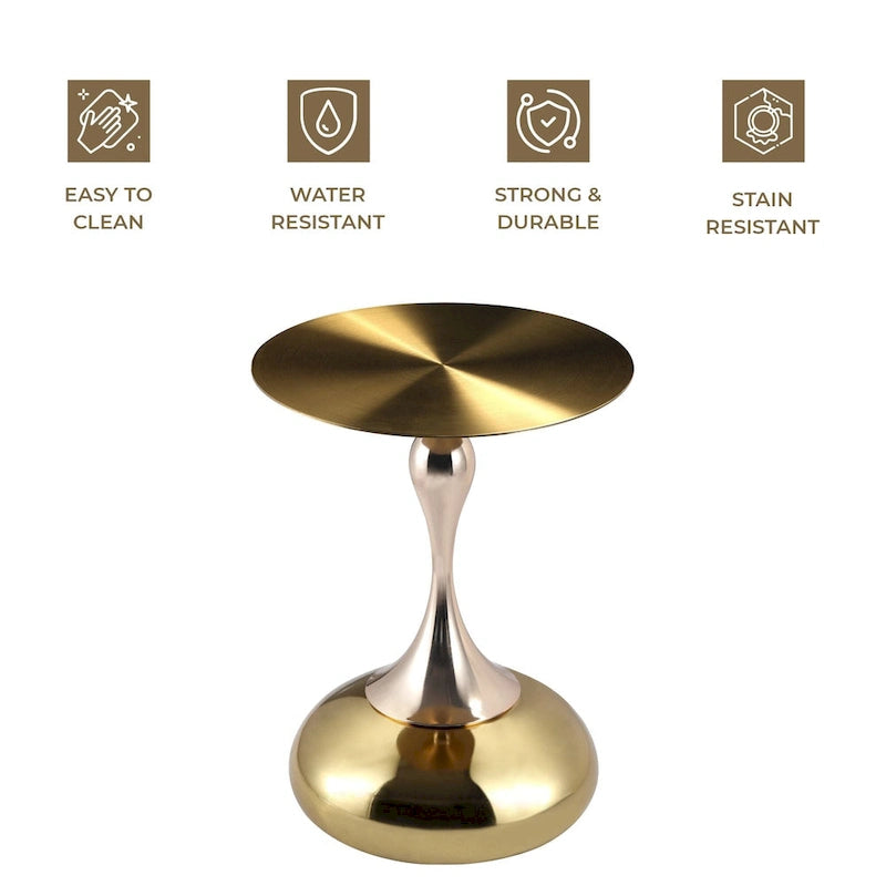 Savoy 18-Inch Round Side Table in Gold Stainless-Steel End Table with a Round Pedestal base