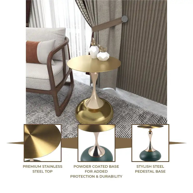 Savoy 18-Inch Round Side Table in Gold Stainless-Steel End Table with a Round Pedestal base