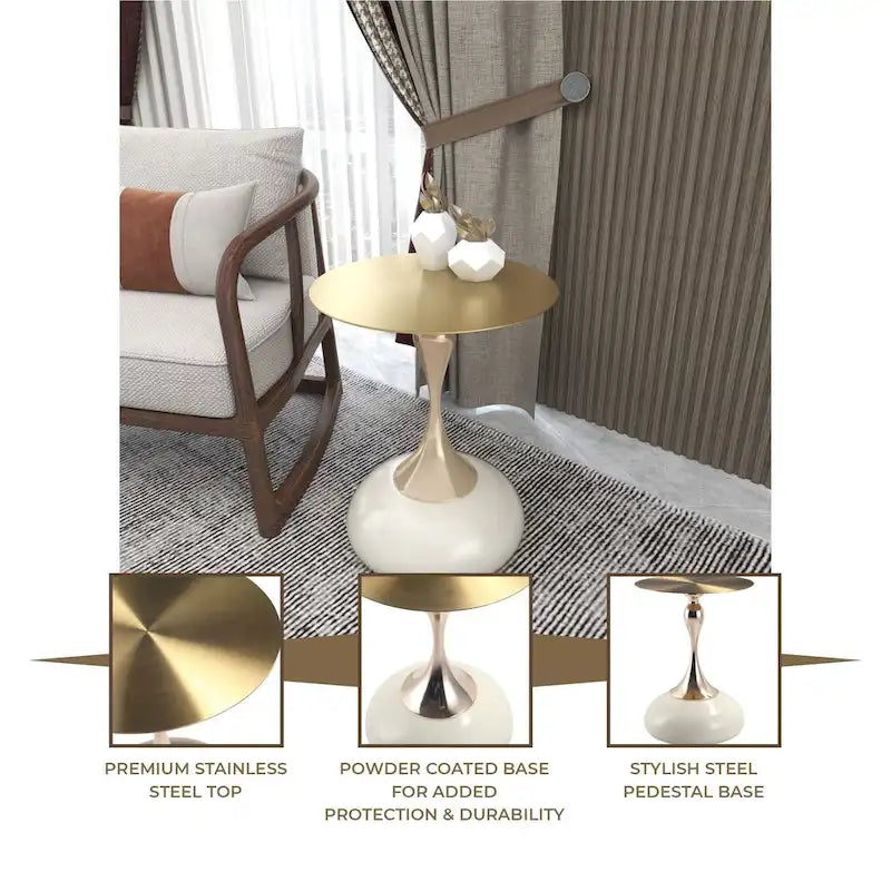 Savoy 18-Inch Round Side Table in Gold Stainless-Steel End Table with a Round Pedestal base