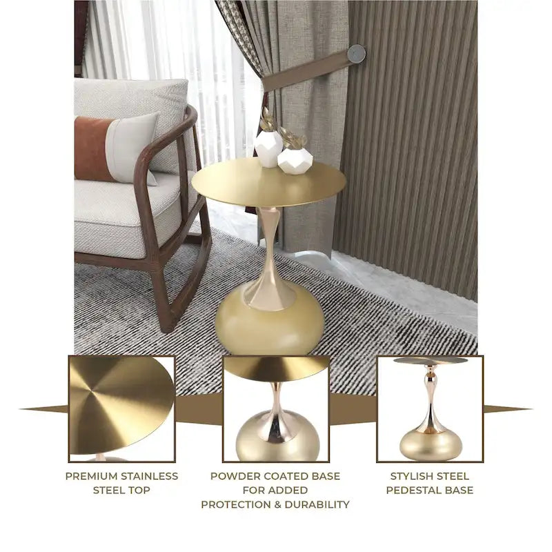 Savoy 18-Inch Round Side Table in Gold Stainless-Steel End Table with a Round Pedestal base