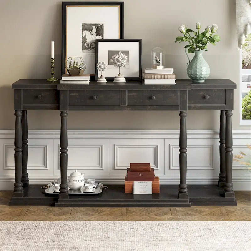 Retro Senior Console Table for Hallway Living Room Bedroom with 4 Front Facing Storage Drawers and 1 Shelf