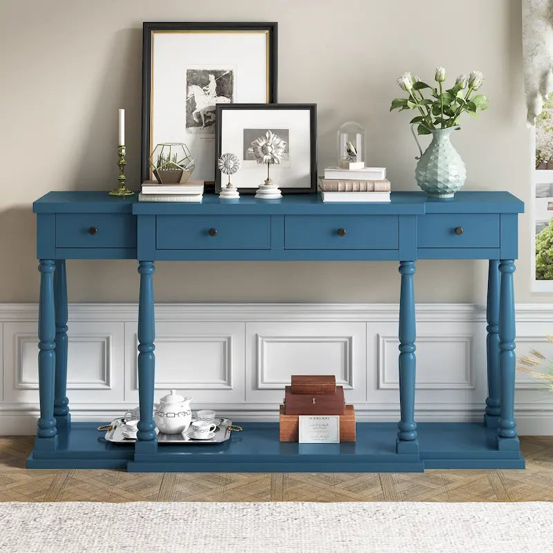 Retro Senior Console Table for Hallway Living Room Bedroom with 4 Front Facing Storage Drawers and 1 Shelf