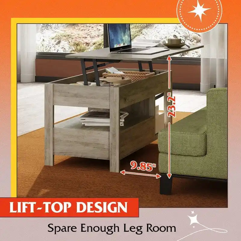 Coffee Table for Living Room with Storage - 18.9D x 38.58W x 17.83H