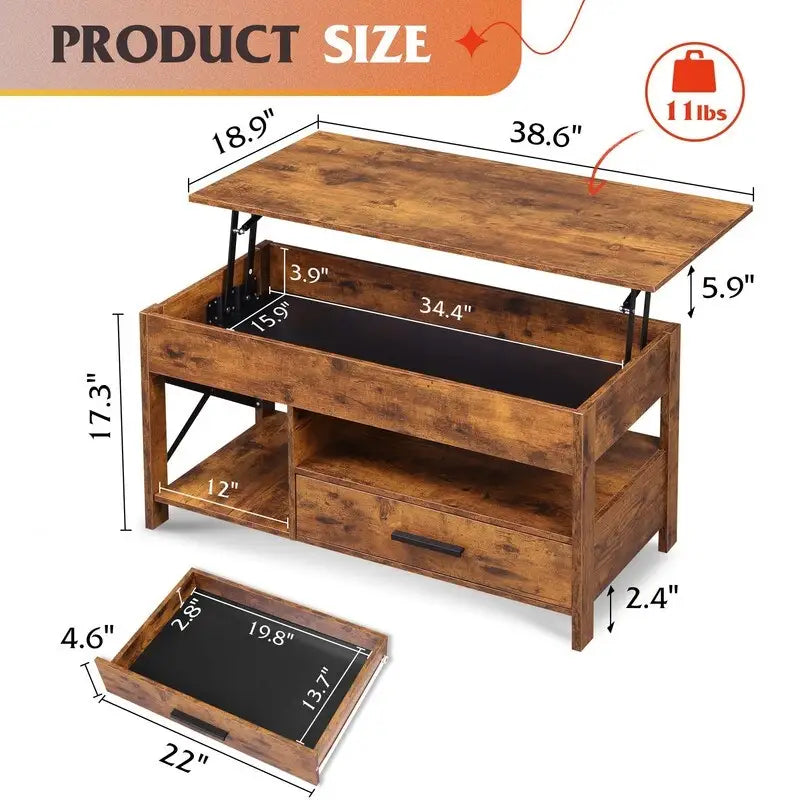 Coffee Table for Living Room with Storage - 18.9D x 38.58W x 17.83H