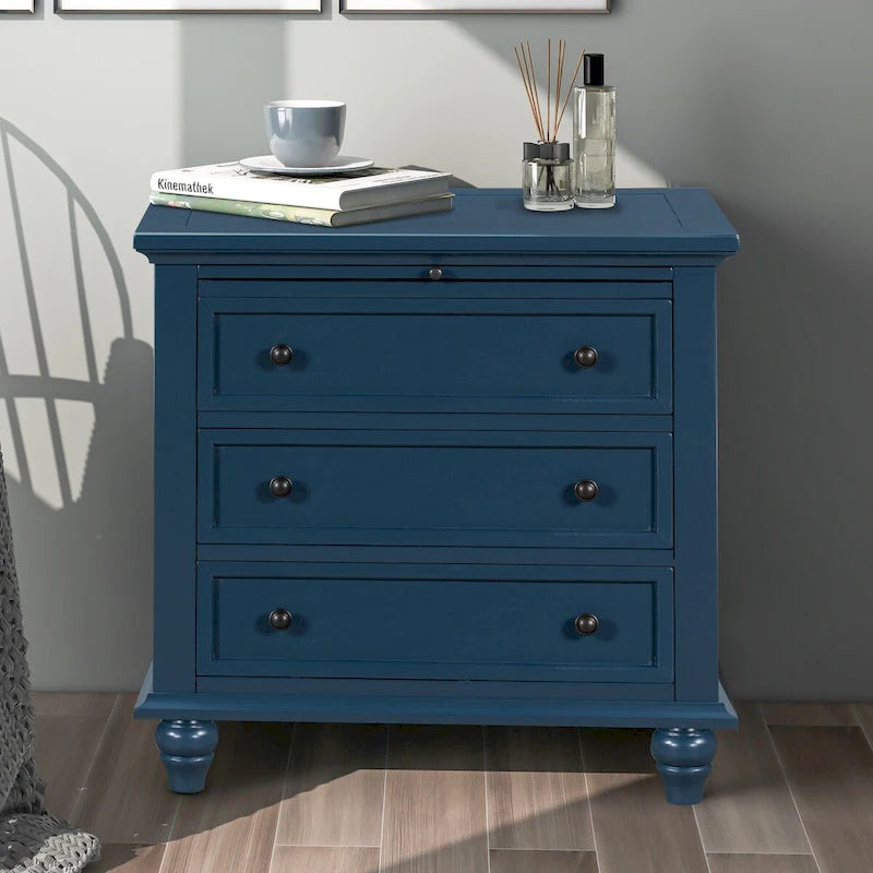 Solid Pine Wood End Table with Pull-out Tray and 3 Drawer, Easy Assembly
