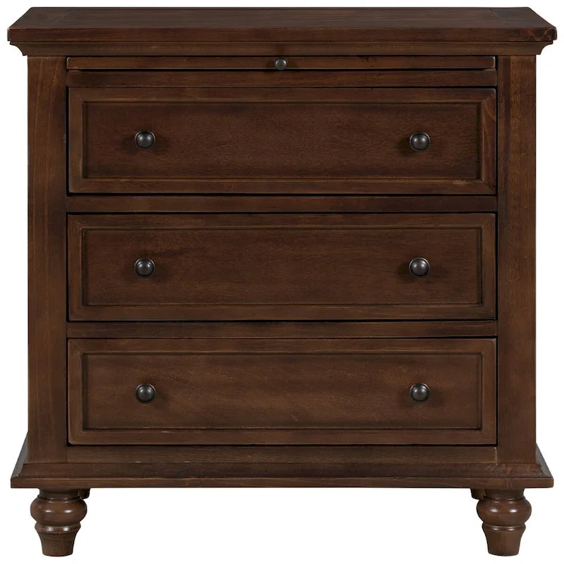 Solid Pine Wood End Table with Pull-out Tray and 3 Drawer, Easy Assembly