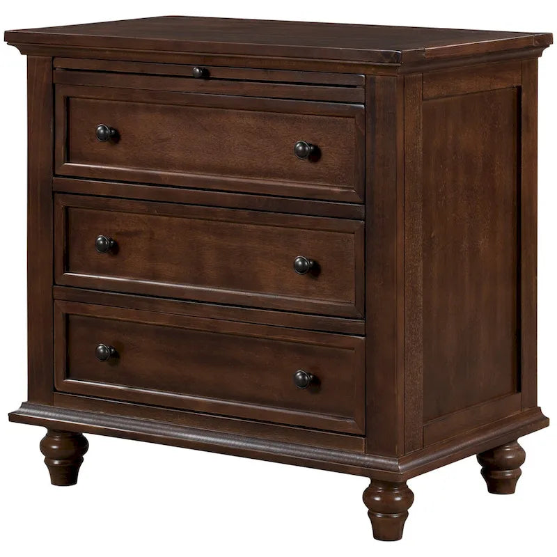 Solid Pine Wood End Table with Pull-out Tray and 3 Drawer, Easy Assembly