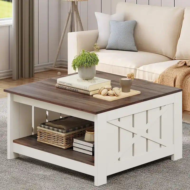 Moasis Farmhouse Coffee Table with Storage for Living Room Square Center Table