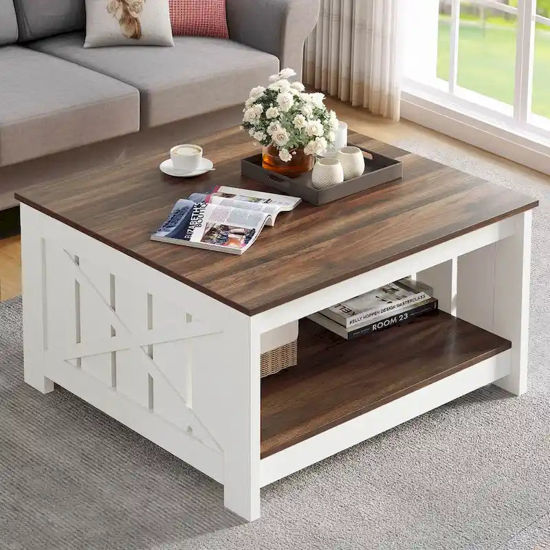 Moasis Farmhouse Coffee Table with Storage for Living Room Square Center Table