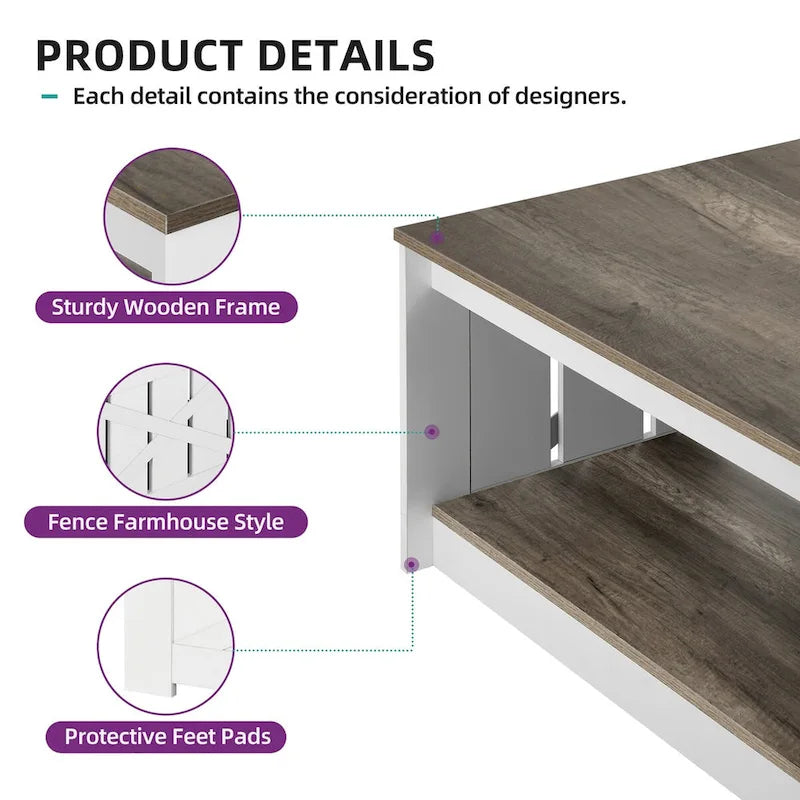 Moasis Farmhouse Coffee Table with Storage for Living Room Square Center Table