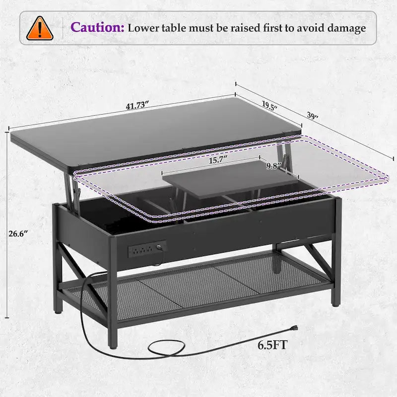 Modern Black Expandable Lift Top Coffee Table Converts to Dining Table with LED Light and Power Outlet