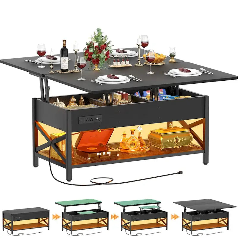 Modern Black Expandable Lift Top Coffee Table Converts to Dining Table with LED Light and Power Outlet