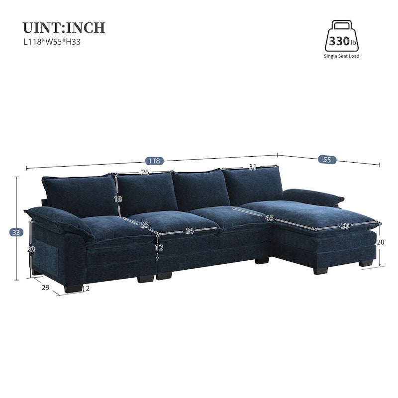 Harper&Bright Designs Modern L-shaped Chenille Cloud Sofa with Double Seat