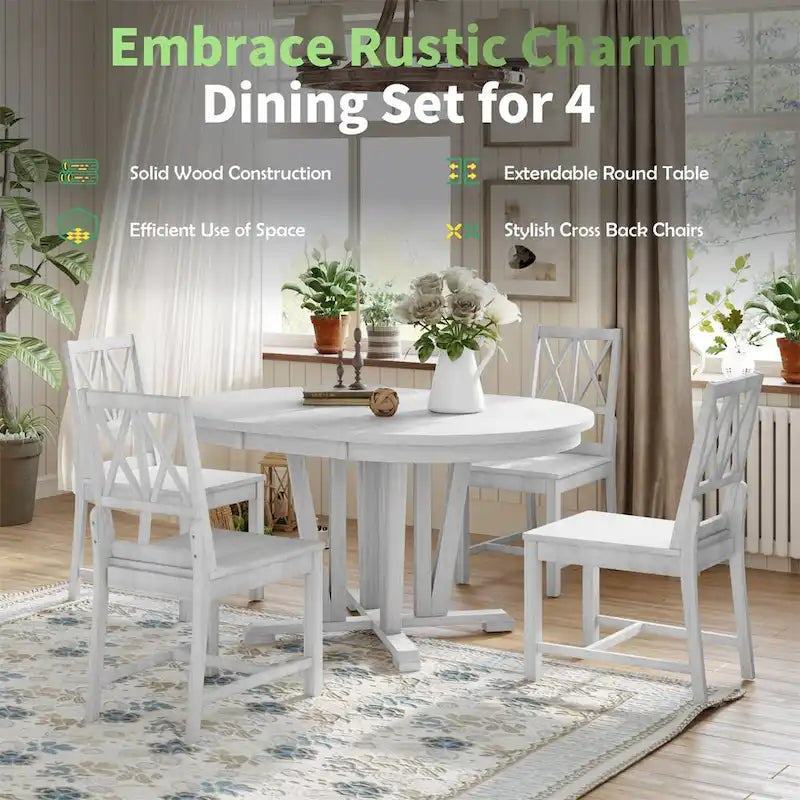 Extendable Dining Table Set Round Trestle Table and 4 Dining Chairs